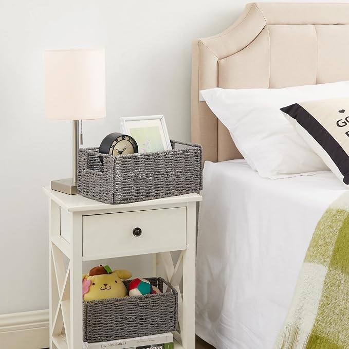 Wicker Storage Basket, Set of 2 Hand-Woven Paper Rope Wicker Basket, Small Storage Baskets for Organizing Toilet Paper, Foldable Large Cube Storage Organizer Bins for Shelves (Grey) - Image 3