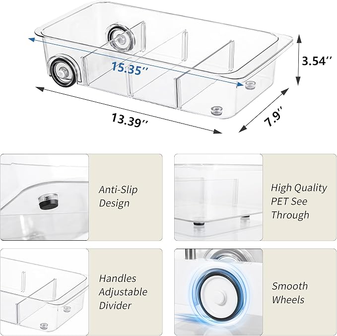 Roll-Out Refrigerator Organizers and Storage, 3 Pack Drawer Fridge Bins | Rolling Fridge Caddy, Silicone Wheels, Adjustable Dividers, Plastic Refrigerator Tray, for Fridge, Pantry, Bathroom & Kitchen - Image 2