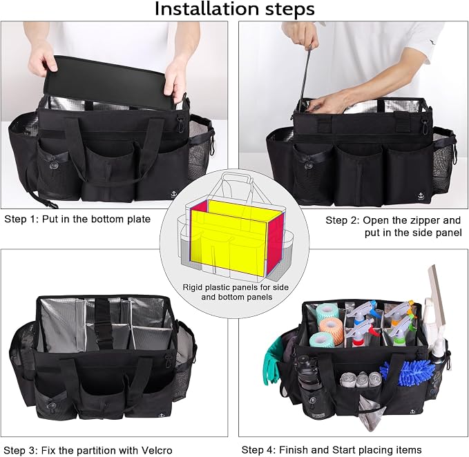 Large Cleaning Caddy Bag Built-in hard plastic sheet Aluminum foil lining | Waterproof nylon, aluminum foil lining, detachable dividers, dual straps for housekeepers - Image 7