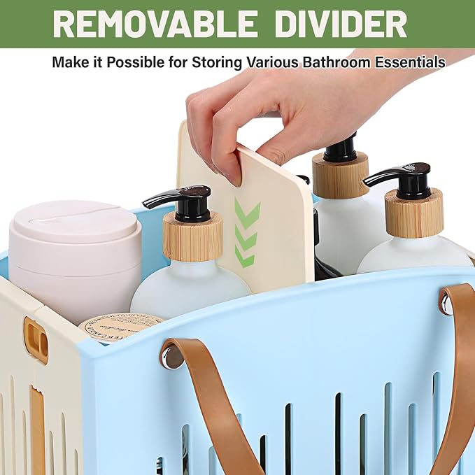Portable Shower Caddy Collapsible Plastic Shower Basket Tote with Handles Removable Divider, Cleaning Caddy Storage Organizer for Bathroom College Dorm (Blue) - Image 4