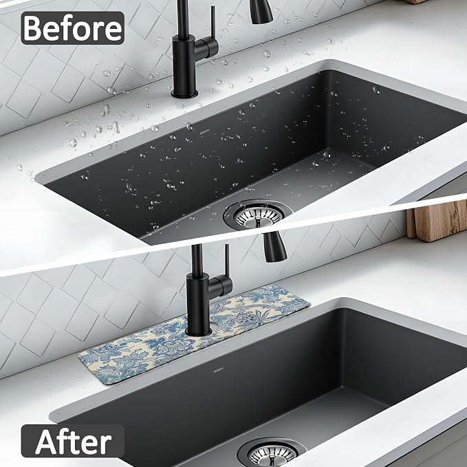 15" X 5.5" Kitchen Sink Splash Guard Faucet Mat Floral Super Absorbent Fast Drying Faucet Guard & Draining Mat Sink Splash Guard Behind Faucet for Kitchen, Bathroom - Image 7
