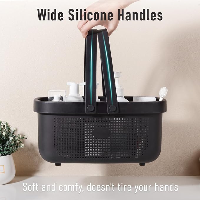 Portable Shower Caddy Basket with Handles Plastic Storage Basket Black | Sturdy Drainage Large Capacity Organizer Basket with Silicone Handles for Bathroom Kitchen Bedroom College Dorm Essentials - Image 6