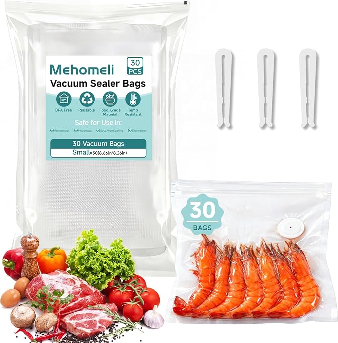 Mehomeli Reusable Vacuum Sealer Bags, 30 Small Bags, 8.66 × 8.26in | BPA-free, Freezer and microwave safe, Leak-proof and odor-resistant, Compatible with most handheld vacuum sealers by Mehomeli