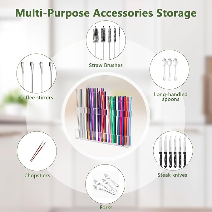 Malldii 9.5" Large Acrylic Straw Holder for Cabinet Door - Reusable Tumbler Straw Organizer Storage, Small Kitchen Accessories Container, Ultra Sticky Cupboard Door Mounted (Transparent) (Pack of 2) - Image 6