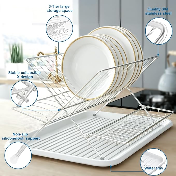 Stainless Steel Foldable Dish Drying Rack, 2 Tier Collapsible Kitchen Rack for Counter, Large Capacity Expandable Dish Drainer Rust Proof - Image 5