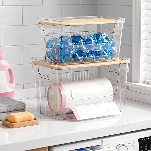 CANTAMI Plastic Trash Bag Dispenser with Lids, Stackable, 2Pack, 1XL+1S | Trash Bag Holder, Clear Organizer Bins for Kitchen, Laundry Room, Under Sink Organization and Storage - Image 8