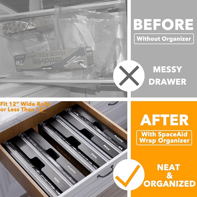 SpaceAid WrapNeat 2 in 1 Wrap Organizer with Cutter and Labels, Plastic Wrap, Aluminum Foil and Wax Bamboo Dispenser for Kitchen Storage Organization Holder for 12" Roll (Black) - Image 2