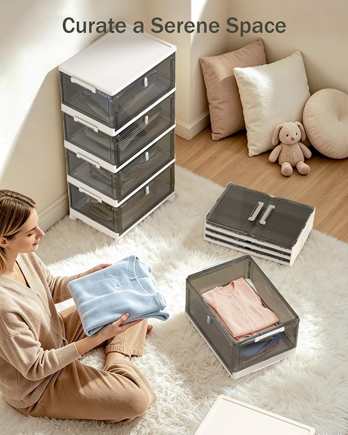 23QT Stackable Storage Bins with Lids and Wheels, 4 Tier 92QT Foldable Plastic Storage Drawers with Magnetic Doors, 4 Pack Collapsible Closet Organizer for Bedroom Office, Clear Gray - Image 3