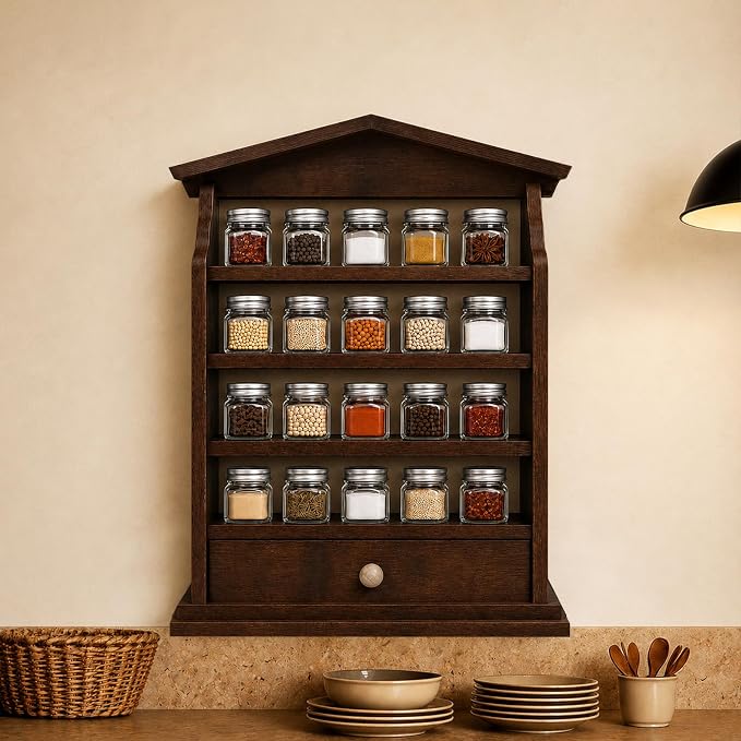 Vintage Farmhouse Wooden Spice Rack Wall Mount – 4-Tier Rustic Kitchen Organizer with Drawer, Holds 24 Small Spice Jars, Decorative Wall Storage Shelf (Dark Brown) by Xalbadora