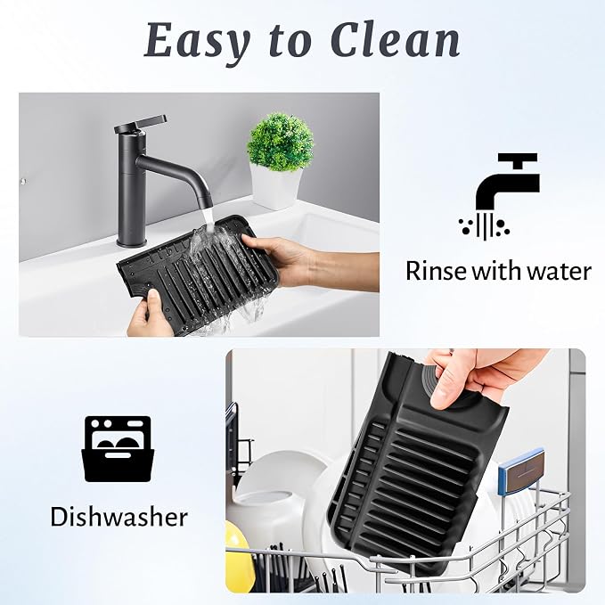 PoYang 17.7 Inch Faucet Mat for Kitchen Sink Splash Guard, Silicone, Black | Sink Protectors with 7° Slope for Smooth Drainage, Snap Button Holds It in Place, 90° Foldable & Cuttable Hole Fit Most Sinks - Image 9