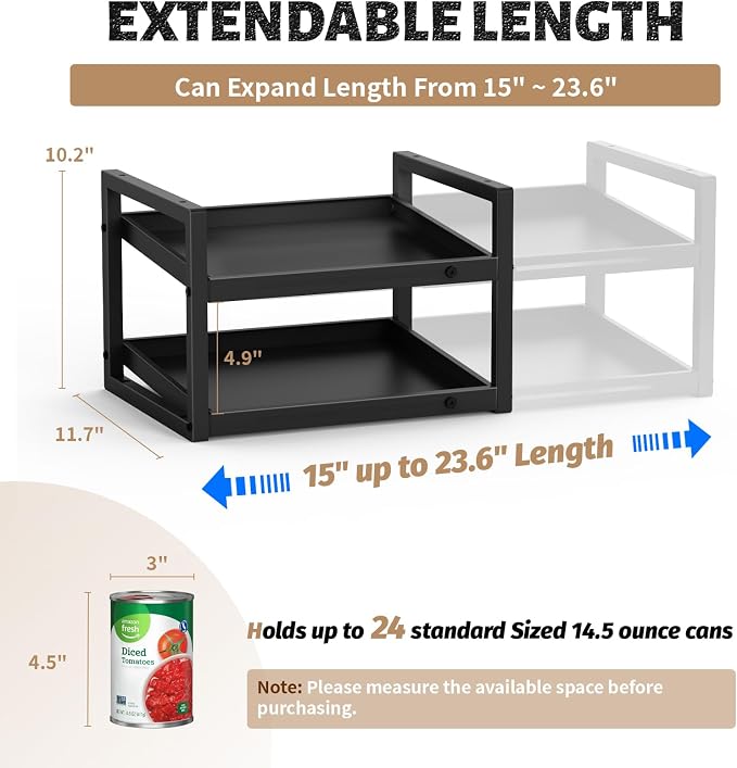 2-Tier Can Organizer for Pantry, Expandable Length Can Rack for Kitchen Shelf Organizer and Storage, Sturdy Metal Standing Can Holder for Canned Soup Soda Food Goods Storage, Stackable - Image 2