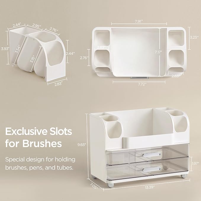 HBlife Makeup Organizer for Vanity with Brush Holder, Large Bathroom Countertop Cosmetic Organizer Skin Care Storage, Easy to Store Lipsticks, Nail Polishes, Perfumes, Eyeshadow Palettes, White - Image 4
