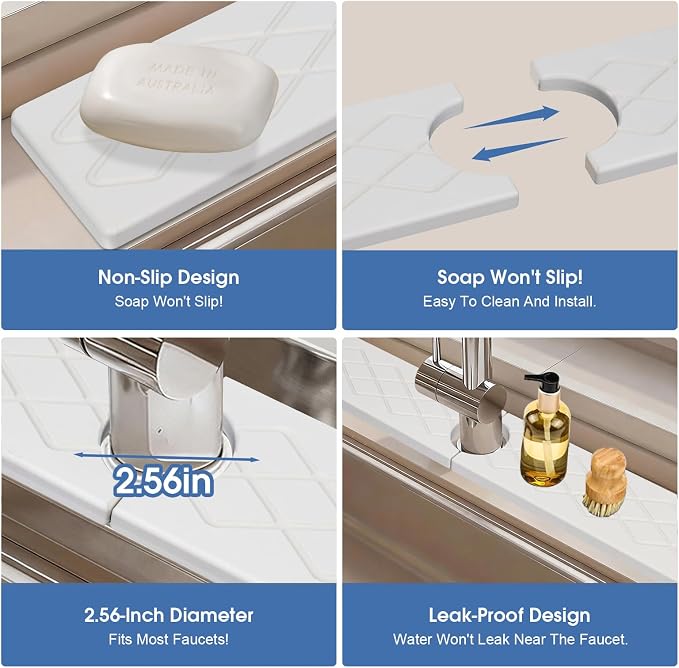 Stone Faucet Mat for Kitchen Sink, Diatomite Drying Stone Tray Sink Protector, Water-Absorbing Splash Guard, 2 Pieces Faucet Mat Together with Sandpaper, Prevent Moisture on Kitchen Bathroom Counter - Image 6