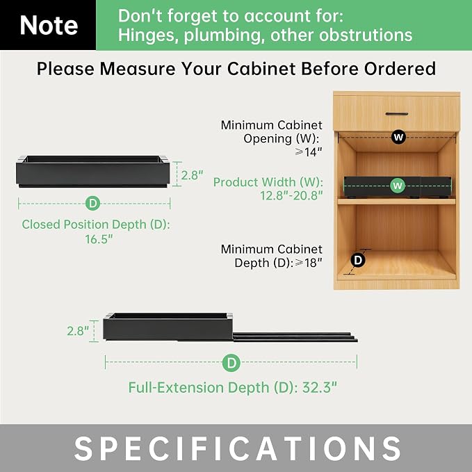 Pull out Cabinet Organizer, 2 pack, 16.5" Deep Heavy Slide out Drawers, Upgrade Three Triple-Slide Rail Systems, Expandable 12.8"-20.8" Roll out Shelf Storage for Kitchen Base Cabinet Organization - Image 3