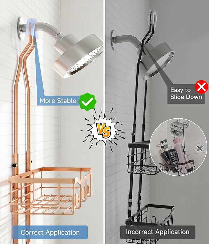 Upgraded Extended Length Shower Organizer with Hooks, Rustproof Shampoo Soap Holder, Large Hanging Bathroom Caddy, Rose Gold - Image 6
