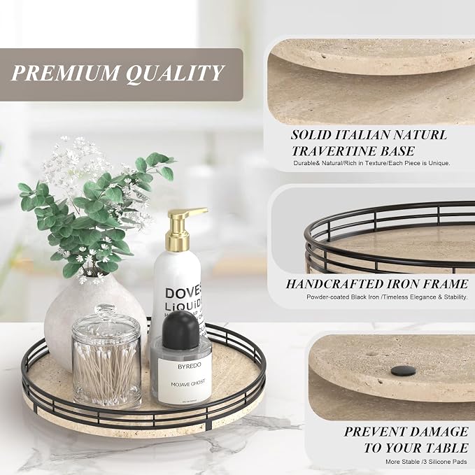 AMH 10-Inch Italian Travertine Lazy Susan with Black Metal Frame | Smooth rotating oak tray with walnut finish for dining tables, kitchen counters, pantries and cabinet storage. - Image 5