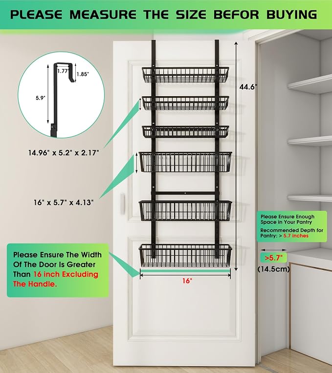 Mefirt Over The Door Pantry Organizer, 6-Tier Black Deep Baskets | Pantry Hanging Organizers and Storage, Adjustable Heavy-Duty Metal for Home & Kitchen, Back of Door Seasoning Rack - Image 2