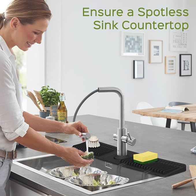 24 Inch Silicone Faucet Mat for Kitchen Sink Splash Guard – Upgraded Draining Mat with Water Tray Behind Faucet – Countertop Protectors to Catch Spills (Black, 24" x 5.5" ) - Image 5