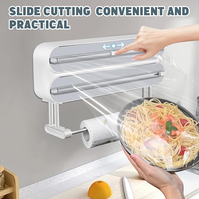 AUSTUFF 3 in 1 Plastic Wrap Dispenser with Cutter Magnetic Aluminum Foil | Wall Mount Kitchen Wrap Organizer, Cling Wrap Dispenser with Paper Towel Holder and Cutter - Image 3