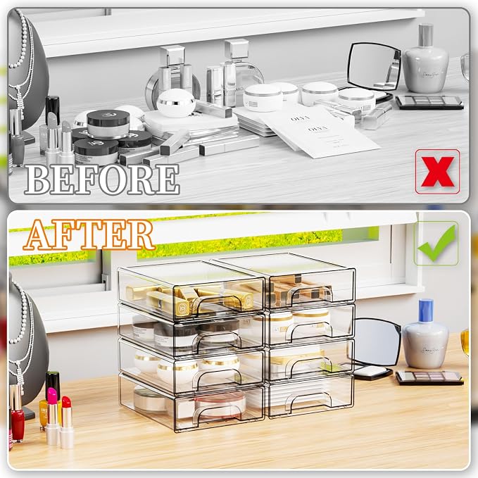 8 Pack Small Clear Stackable Storage Drawers,2.2'' Tall Desk Organization and Storage,Plastic Office Supply Organizer,Acrylic Storage Containers for Makeup,Hair Clip,Accessory,Pen,Art Crafts - Image 8