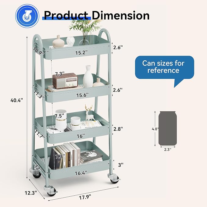 NEWBULIG 4-Tier Metal Rolling Storage Utility Cart with Lockable Wheels | Mobile Organizer Shelf, Space-Saving, Freestanding, Bathroom, Living Room, Slim, Narrow Corner Spaces, Green - Image 4