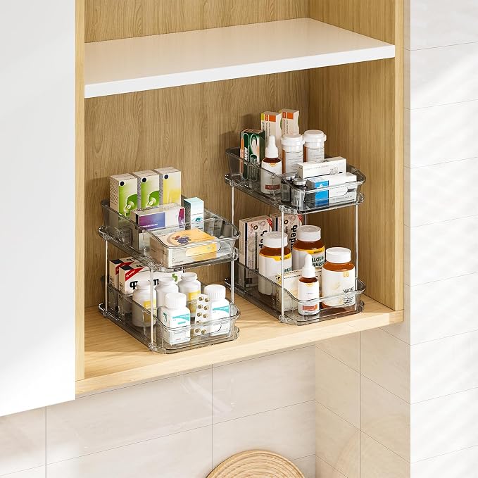 Delamu 2-Tier Under Sink Organizers and Storage, Multi-Purpose Stackable Bathroom Cabinet organizers, Pull Out Kitchen Pantry Organization and Storage with Dividers(2 Pack, Grey) - Image 8