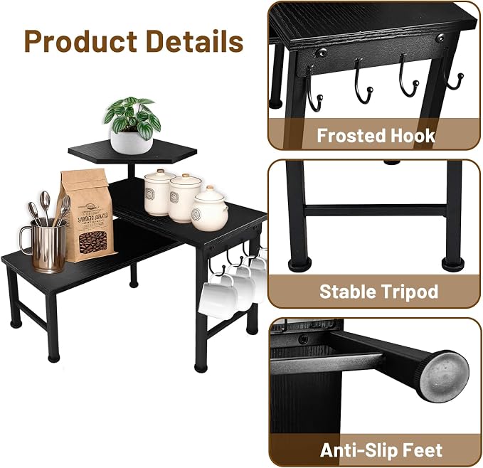 Counter Organizer Shelf, 3 Tier Moveable Black Corner Shelf Organizer with Hook, Counter Shelf for Kitchen Bathroom Spice Rack Coffee Area Over Sink Dresser Table (Black) - Image 5