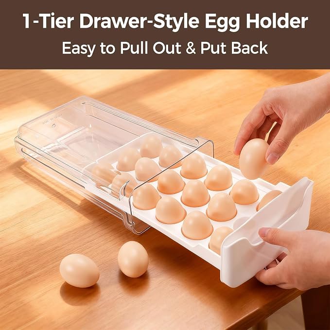 Egg-Holder for Fridge, Fits Small to Large Eggs, White | 18 Egg-Storage for Refrigerator Countertop, 1 Tier Dispenser with Drawer, Stackable Clear Egg Tray Container - Image 5