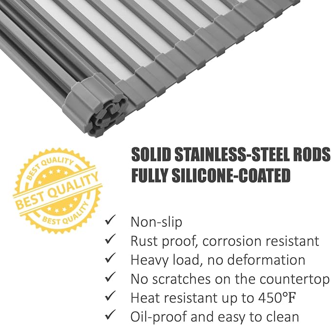 Roll Up Dish Drying Rack,Silicone-Coated Steel,16.9 x12.2 in | Over-sink rack,18 silicone-coated stainless steel rods,44lb capacity,450°F heat resistance,roll-up storage - Image 6