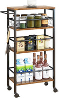 IBUYKE Slim Rolling Storage Cart, Kitchen Cart Utility Shelving UTMJ065H | 4-Tier, with Lockable Wheels,Handle&6 Hooks, 7.9" wide,for Kitchen, Laundry, Bathroom, Rustic Brown by IBUYKE