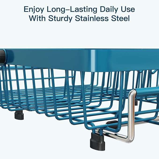 Blue Dish Drying Rack Over The Sink with Utensil Holder, Mat | Expandable Stainless Steel Dish Drainer for Small Kitchen, Apartment, RV, Counter Space Saving, Perfect Fit, Rustproof - Image 7
