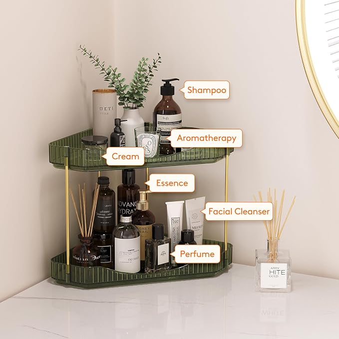Lifewit 2 Tier Corner Bathroom Counter Organizers and Storage, Green | Plastic Makeup Skincare Organizers Countertop, Large Sink Cosmetic Perfume Shelf for Bedroom, Dresser, Kitchen, Vanity - Image 5