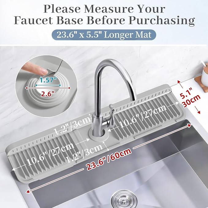 PoYang 24 Inch Faucet Mat for Kitchen Sink Splash Guard, Light Grey | Sink Protectors with 7° Slope for Smooth Drainage, Snap Button Holds It in Place, 90° Foldable & Cuttable Hole Fit Most Sinks - Image 3