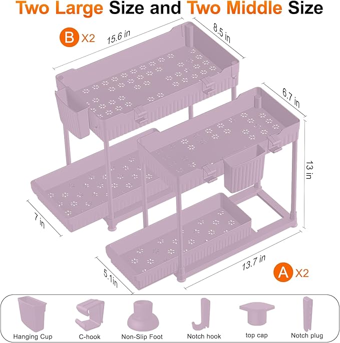 4-Pack 2-Tier Under Sink Organizer with Pull Out Drawers | Multi-use kitchen & bathroom storage. Includes hanging hooks and cups. Pink, space-saving cabinet design. 12.8 Inch - Image 4