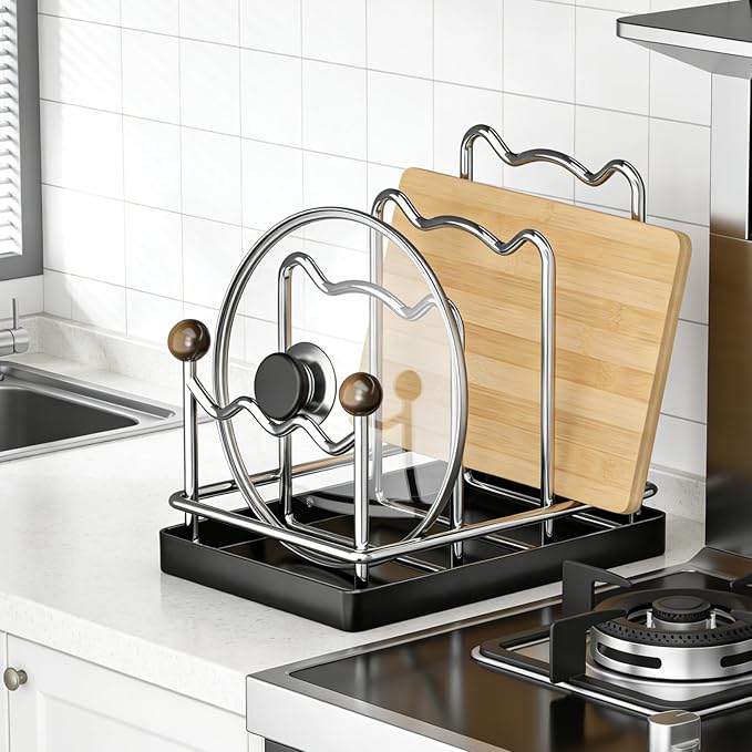 Pot Lid Organizer Cutting Board Holder with Removable Tray -Black | 3-Slot Kitchen Pot Lid Storage Rack Chopping Board Holder for Countertop, 8.2 x 5.1 x 7.2 in - Image 6