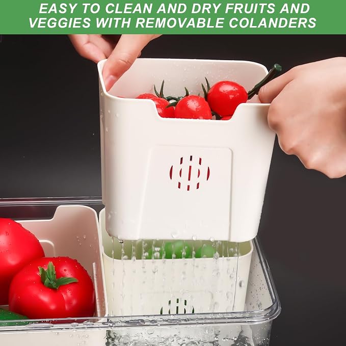 Fruit Storage Containers for Fridge with Lid and Handle, Veggie Tray Bins | Portable Fresh Produce Saver, Food Storage Container with 4 Removable Strainers,Salad Bar for Berry, Vegetable, Refrigerator - Image 6