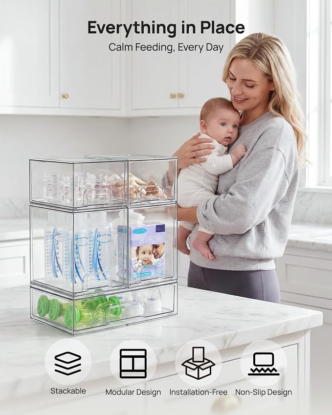 Vtopmart Clear Stackable Storage Drawers Set of 5, Plastic Organizer Bins | Multi-purpose Boxes for Baby Bottle Storage, Ideal for Kichen, Vanity, Bathroom, Undersink, Cabinet, Pantry Organization - Image 4