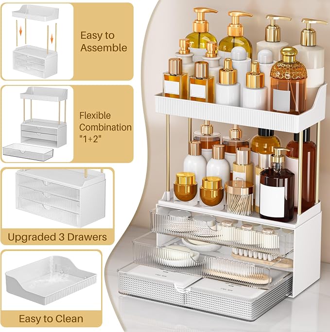 2 Sets 5 Tier Acrylic Makeup & Bathroom Vanity Organizer | 2 Set Clear, 3 drawers 2 open shelves, dustproof, wipe clean, for large skincare, perfumes, lipsticks, dresser, counter - Image 2