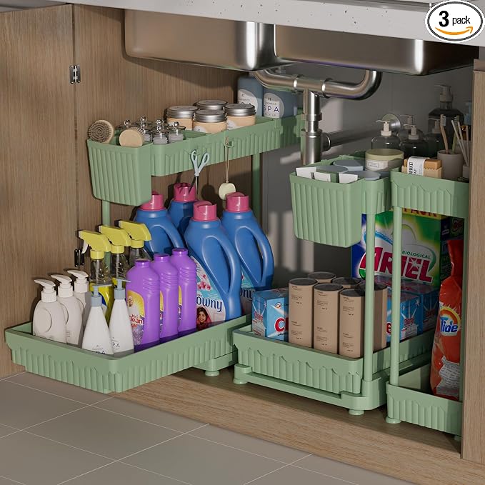 3-Pack 2-Tier L-Shaped Under Sink Organizers with Sliding Drawers | Multi-use kitchen & bathroom storage, 14.85 inch green cabinet organizer, space-saving sliding drawer design. by Sevenblue