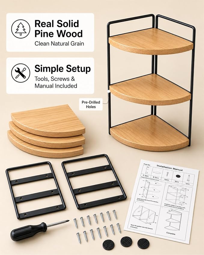 3-Tier Corner Bathroom Countertop Organizer, Solid Pine Wood Vanity Shelf | Natural wood solid pine shelves with 6.3 in clearance for tall bottles, skincare, perfume, and daily essentials. - Image 7
