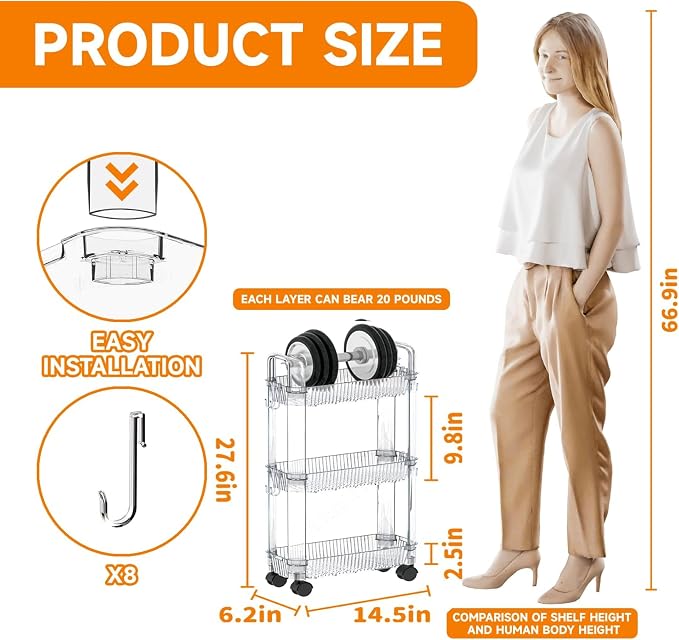 3 Tier Slim Rolling Storage Cart with Wheels for Small Space,Clear Modern Design Slim Utility Cart Suitable as Bathroom Cart Organizer Shelf,Skinny Bathroom Storage Rack,Narrow Laundry Cart on Wheels - Image 2