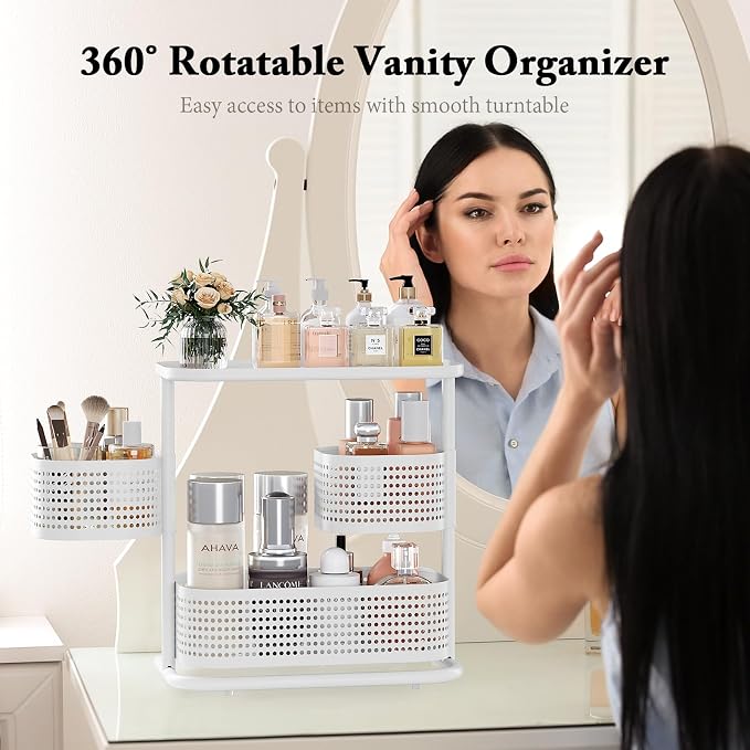 KINGRACK Metal Bathroom Counter Organizer，Rotating Countertop Storage Shelf | 3 Tier, Vanity Tray for Makeup & Skincare, Space-Saving Shelf for Bathroom, Kitchen, Baby Bottle Station, White - Image 3