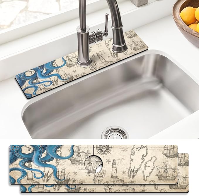 Sink Faucet Absorbing Mat, 2 Pack Drying Mat Around Faucet Sink Splash Guard Behind Faucet Sinkmat For Kitchen Bathroom Island Rv 24 * 5.5 Inch (60 * 14 cm) by BathtubMat