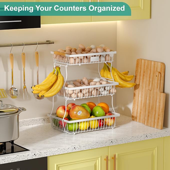 3 Tier Fruit Basket for Kitchen Counter with 2 Banana Hangers, Countertop Metal Fruit Bowl with Wooden Handle, Large Storage Stand for Vegetables, Snacks, Breads, Produce Storage – White - Image 3