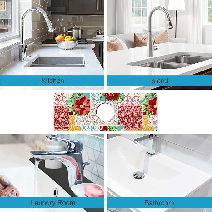 Kitchen Sink Splash Guard Faucet Mat Super Absorbent Fast Drying Mat Sink Gadgets Splash Guard Behind Faucet Drip Catcher for Kitchen (Boho Trellis, 15x5.5in) - Image 5