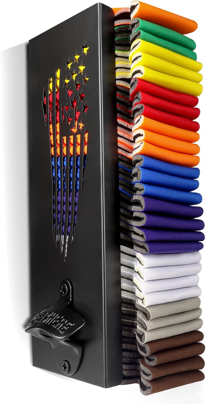 CRAKTH Can Cooler Holder with Bottle Opener, Beer Can Sleeves Organizer | Space-Saving Storage, Metal Wall Mount Dispenser, Holds 30 Standard Can Coolers, Home/Garage Bar, Man Cave, Gift for Dad Men by FocusonProductDesign
