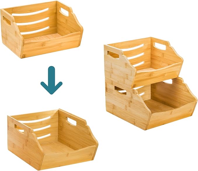 Cididu 2 Pack Bamboo Stackable Storage Bin, Countertop Open Front Stacking Bins, 2 Tier Organize Basket Box with Handle, Food Fruit Container for Cabinet, Kitchen, Studio, Office - Image 3