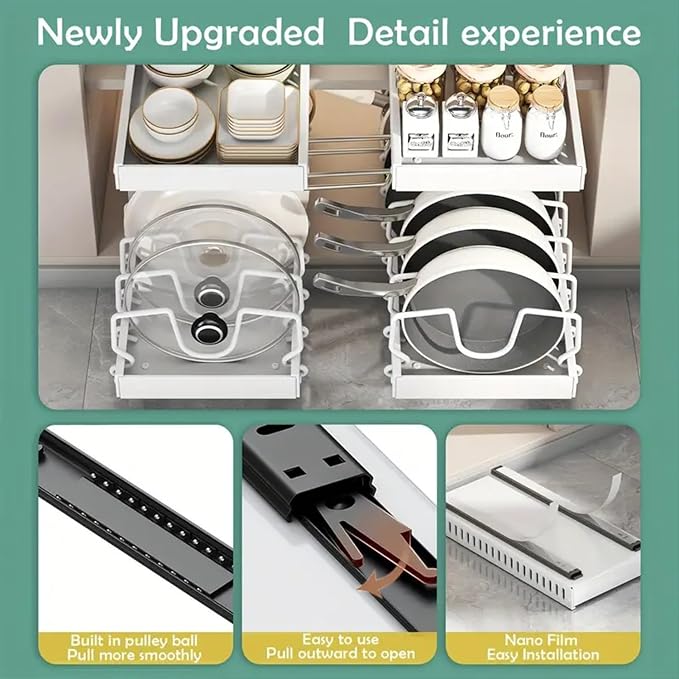 2 Pack Pull Out Pots and Pans Organizer for Cabinet & Countertop, Kitchen Cabinet Organizer with 8 Adjustable Dividers, Storage for Pot Lid, Dishes, Bakeware, White - Image 7