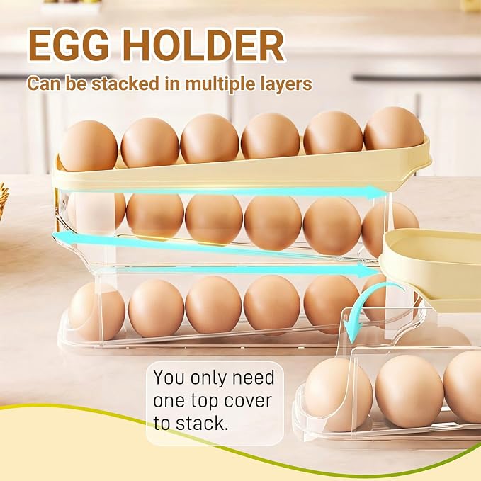 Egg Holder for Fridge, Space-Saving Automatic Rolling Egg organizer for refrigerator, Clear Stackable Egg container for refrigerator, Egg Storage with Lid, Home Egg Dispenser & Tray (2-layer) - Image 3