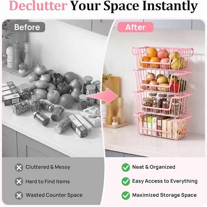 SUNALLY Stackable Storage Bins 6 Pcs Wire Baskets Freezer Organizer, Pink | Pantry Organizers Storage, Vegetable Fruit Storage Basket for Countertop, Kitchen Baskets for Onion Potato Snack Cans Storage - Image 6